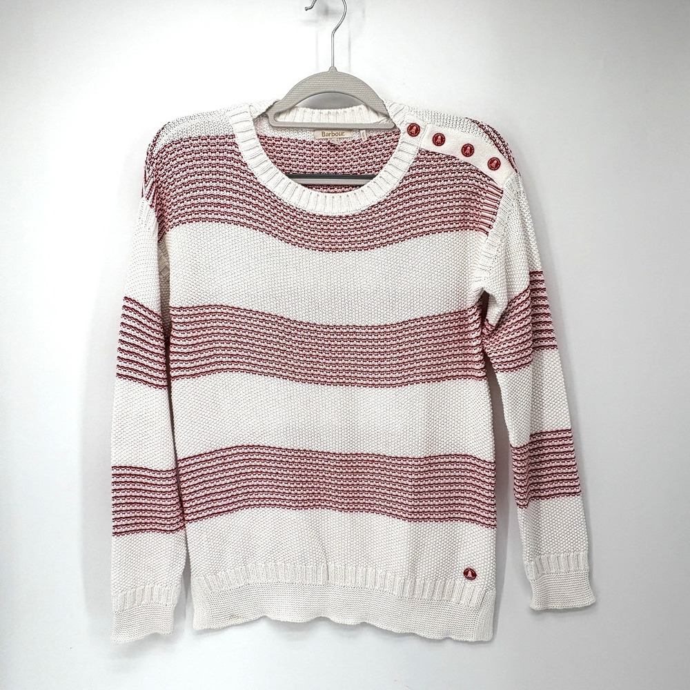 Barbour Knit Pullover Jumper Sweater Womens‎ 8 Red White 100% Cotton Striped